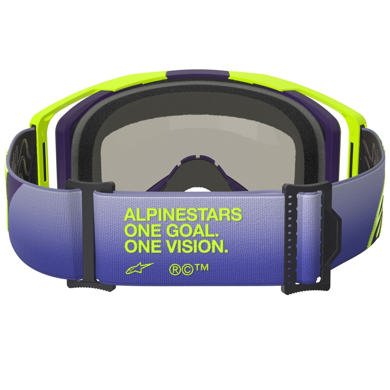 Alpinestars Vision 8 Corp fluo-kelta-lila motocross-lasit, joissa on peilattu sininen linssi.
