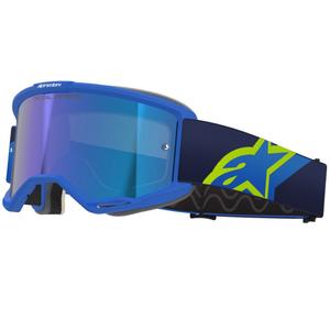 Alpinestars Vision 5 Corp sini-fluo-kelta-mustat motocrosslasit, joissa on peilattu sininen linssi.