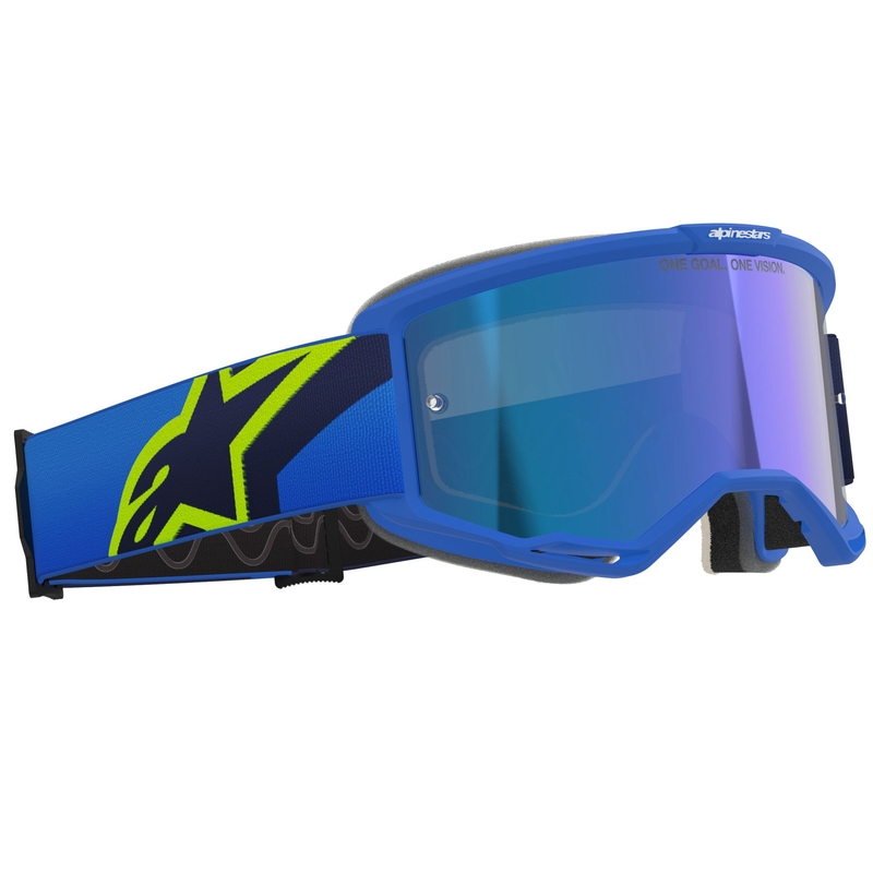 Alpinestars Vision 5 Corp sini-fluo-kelta-mustat motocrosslasit, joissa on peilattu sininen linssi.