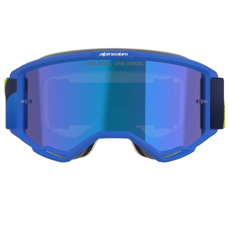 Alpinestars Vision 5 Corp sini-fluo-kelta-mustat motocrosslasit, joissa on peilattu sininen linssi.