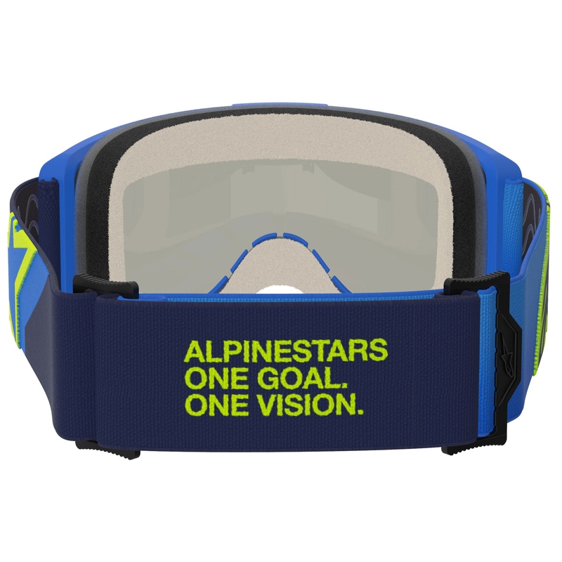 Alpinestars Vision 5 Corp sini-fluo-kelta-mustat motocrosslasit, joissa on peilattu sininen linssi.