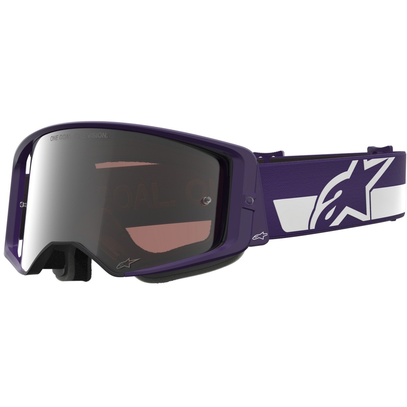 Alpinestars Supertech Vision Hunta96 XXV motocross-lasit violetti ja valkoinen peilillä ja hopeisella pleksillä.