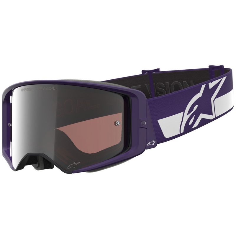 Alpinestars Supertech Vision Hunta96 XXV motocross-lasit violetti ja valkoinen peilillä ja hopeisella pleksillä.