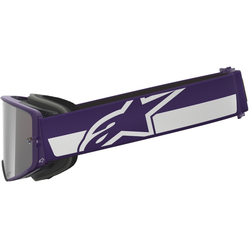 Alpinestars Supertech Vision Hunta96 XXV motocross-lasit violetti ja valkoinen peilillä ja hopeisella pleksillä.