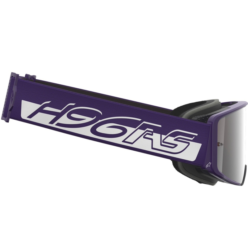 Alpinestars Supertech Vision Hunta96 XXV motocross-lasit violetti ja valkoinen peilillä ja hopeisella pleksillä.