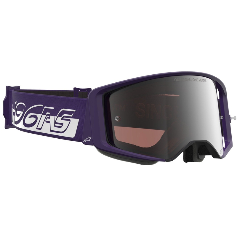 Alpinestars Supertech Vision Hunta96 XXV motocross-lasit violetti ja valkoinen peilillä ja hopeisella pleksillä.
