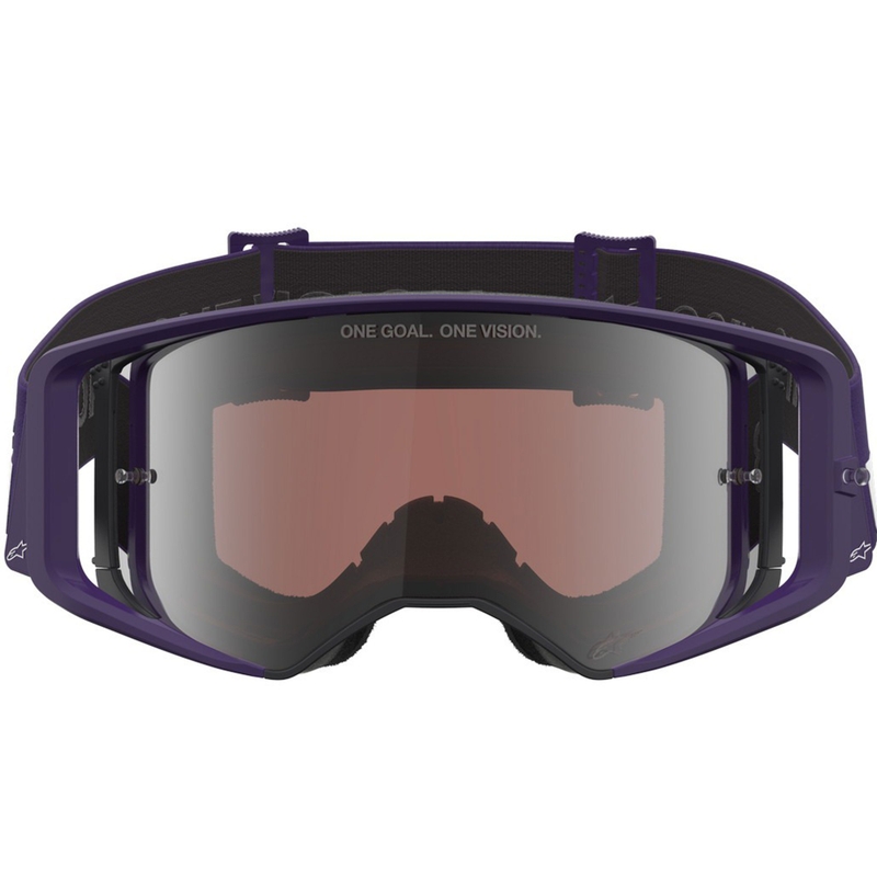 Alpinestars Supertech Vision Hunta96 XXV motocross-lasit violetti ja valkoinen peilillä ja hopeisella pleksillä.