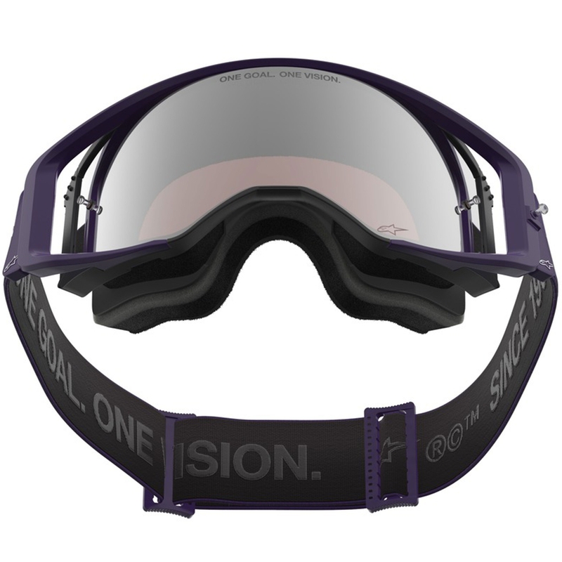 Alpinestars Supertech Vision Hunta96 XXV motocross-lasit violetti ja valkoinen peilillä ja hopeisella pleksillä.