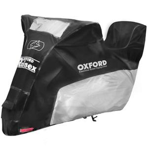 Oxford Rainex moottoripyöräpeite, jossa on tavaratilan lokero musta-hopea