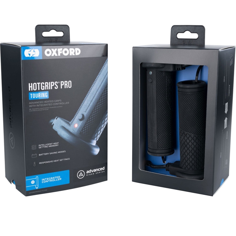 Oxford Hotgrips PRO Touring -lämmitettävät kahvat, joissa on integroitu ohjaimet kahvaan.