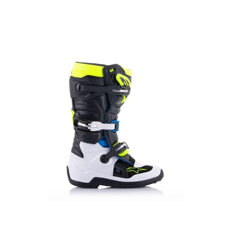 Alpinestars Tech 7 S mustat, valkoiset, keltaiset ja siniset moottoripyöräsaappaat lapsille.
