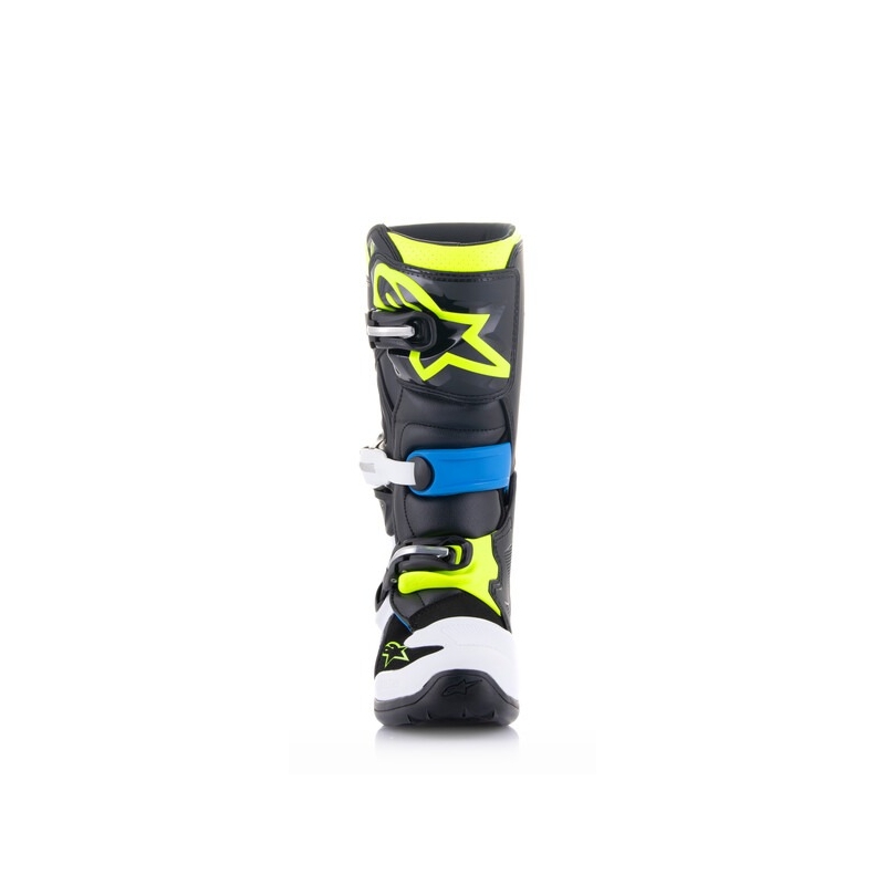 Alpinestars Tech 7 S mustat, valkoiset, keltaiset ja siniset moottoripyöräsaappaat lapsille.