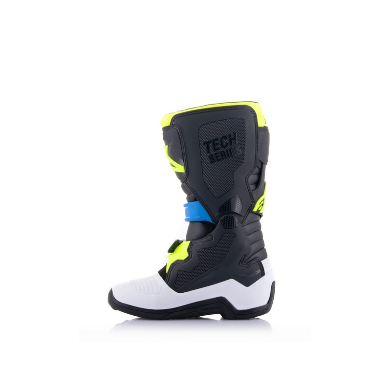 Alpinestars Tech 7 S mustat, valkoiset, keltaiset ja siniset moottoripyöräsaappaat lapsille.