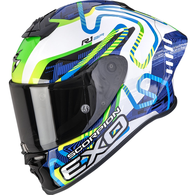 Integroitu moottoripyöräilykypärä Scorpion EXO-R1 EVO II Air Cornering valkoinen-sinivihreä