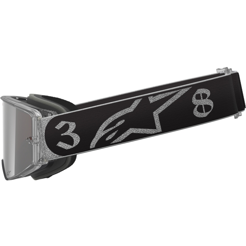 Alpinestars Supertech Vision DNGR38 XXV mustat ja hopeiset motocross-lasit, joissa on peilattu hopeinen pleksilevy