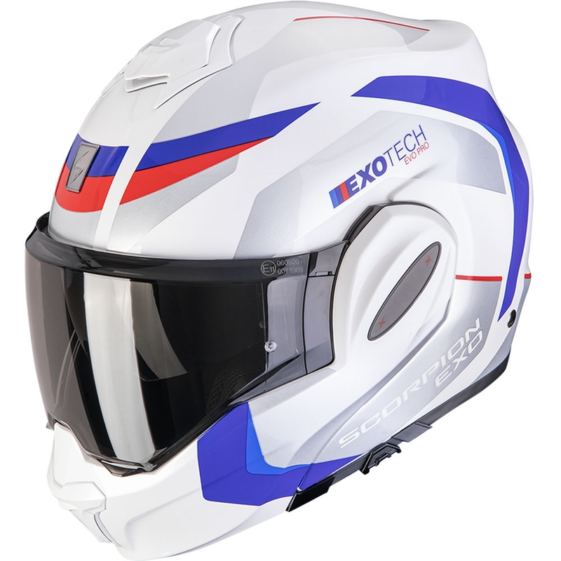 Taitettava moottoripyöräilykypärä Scorpion EXO-TECH EVO PRO Accuti valkoinen-sininen-punainen