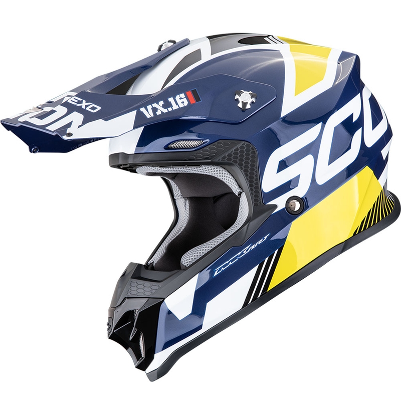 Motocross kypärä Scorpion VX-16 EVO Air Analog valkoinen-sininen-keltainen