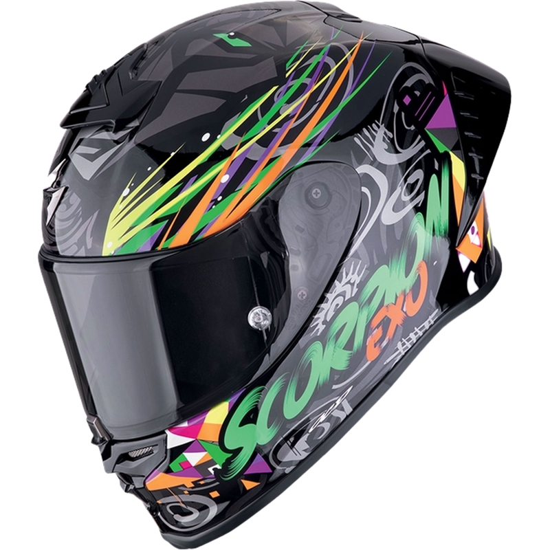 Integroitu moottoripyöräilykypärä Scorpion EXO-R1 EVO II AIR SAVAGE musta-vihreä-oranssi