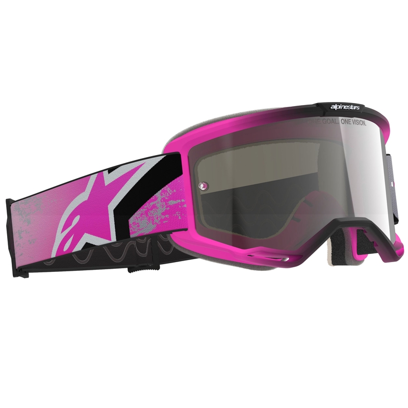Alpinestars Vision 5 Lahnd fluo vaaleanpunainen-harmaa-musta-valkoiset motocrosslasit, joissa on hopea peililinssi