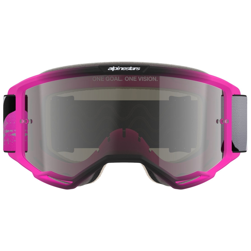 Alpinestars Vision 5 Lahnd fluo vaaleanpunainen-harmaa-musta-valkoiset motocrosslasit, joissa on hopea peililinssi