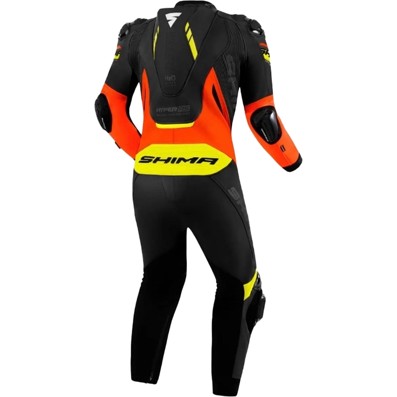 Shima Hyper-RS musta-fluo-oranssi-keltainen nahkainen moottoripyöräilyhaalari.