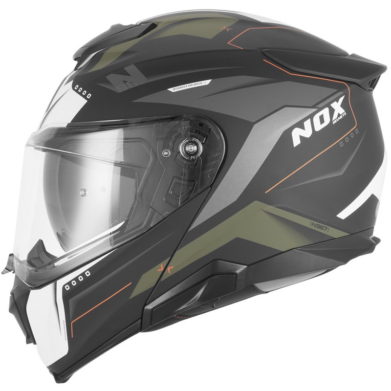 Avattava moottoripyöräkypärä NOX N967 Conquer mattamusta-khaki-oranssi