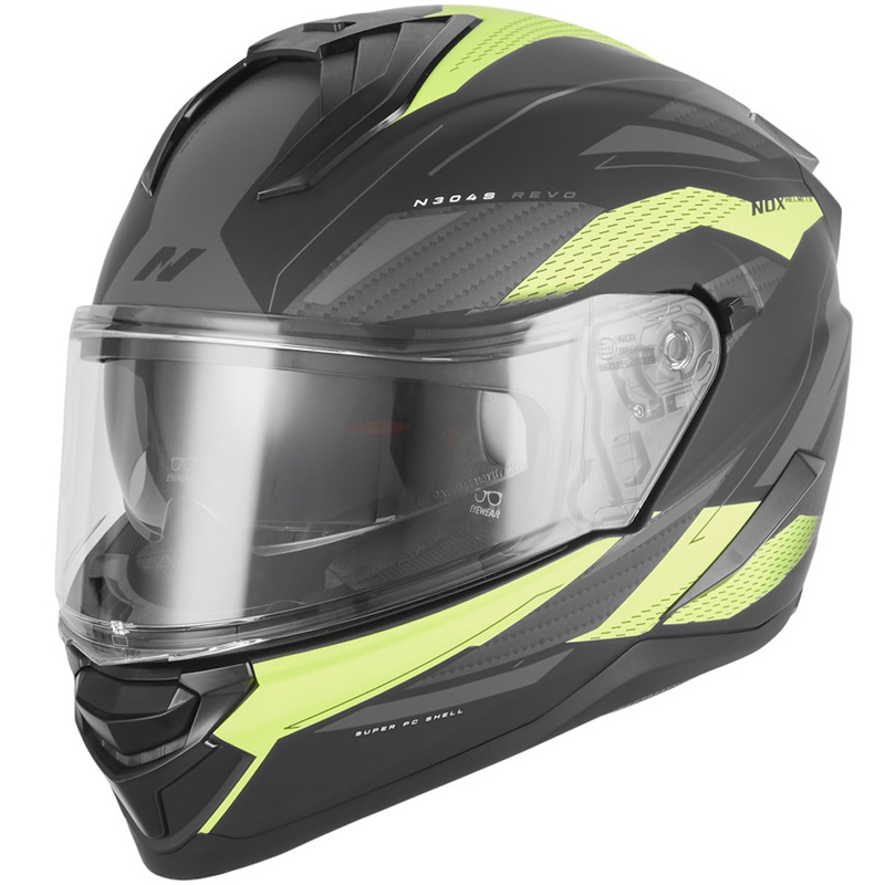 Kokokasvoinen moottoripyöräkypärä NOX N304-S REVO mattamusta-fluo-keltainen