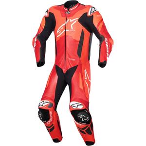 Alpinestars GP Plus V4 Sprint, Tech-air yhteensopiva fluo-punainen, punainen, valkoinen ja musta yksiosainen nahkainen moottoripyöräpuku.
