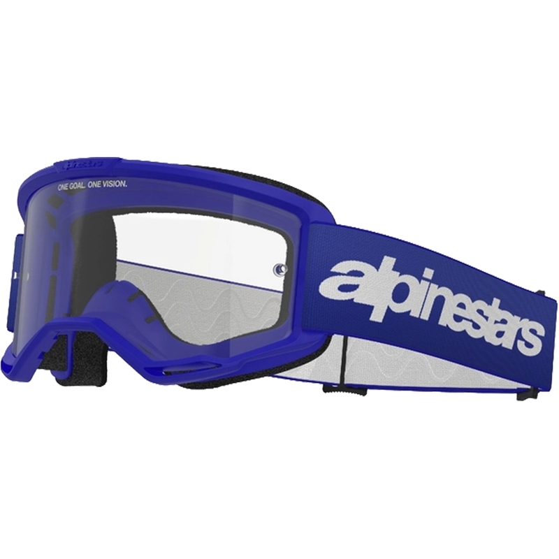 Alpinestars Vision 3 Wordmark motocross lasit sininen kirkkaalla pleksillä varustettuna.