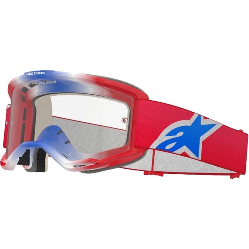 Alpinestars Vision 5 Corp punaiset, valkoiset ja siniset motocrosslasit kirkkaalla linssillä varustettuna