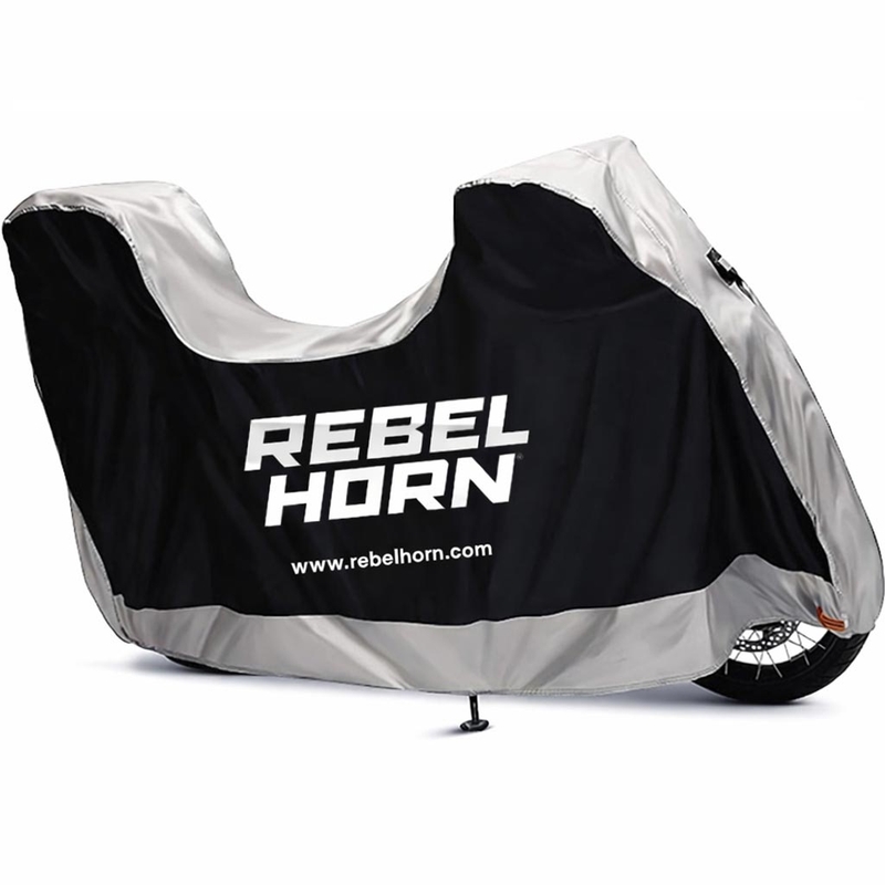 Rebelhorn Shelter -moottoripyörän suojapeite, jossa tilaa tavaratilalle, musta-hopea
