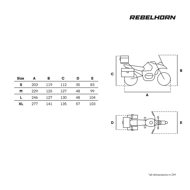 Rebelhorn Shelter -moottoripyörän suojapeite, jossa tilaa tavaratilalle, musta-hopea