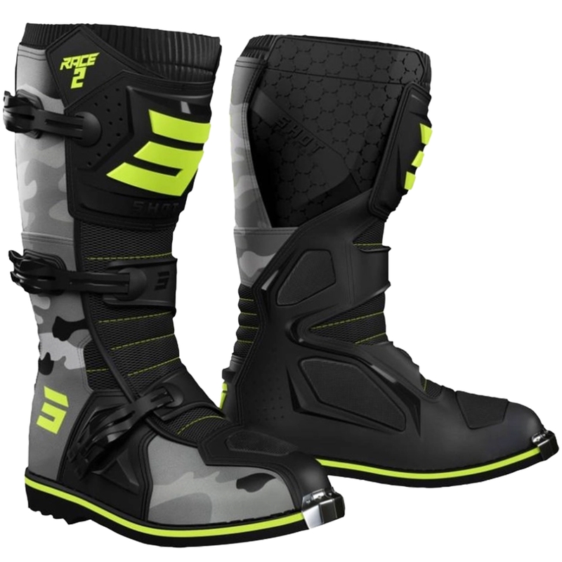 Lasten moottoripyörä saappaat Shot Race 2 camo-fluo keltainen
