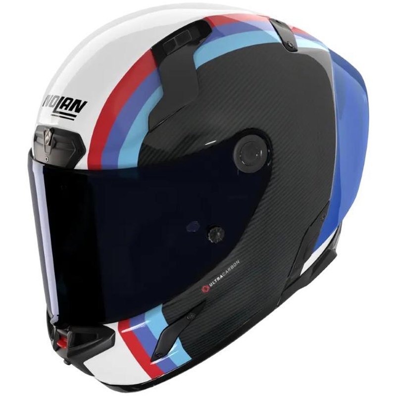 Kokokasvoinen moottoripyöräkypärä Nolan X-804 RS Ultra Carbon Gemini 365 kiiltävä harmaa-valkoinen-sini-punainen