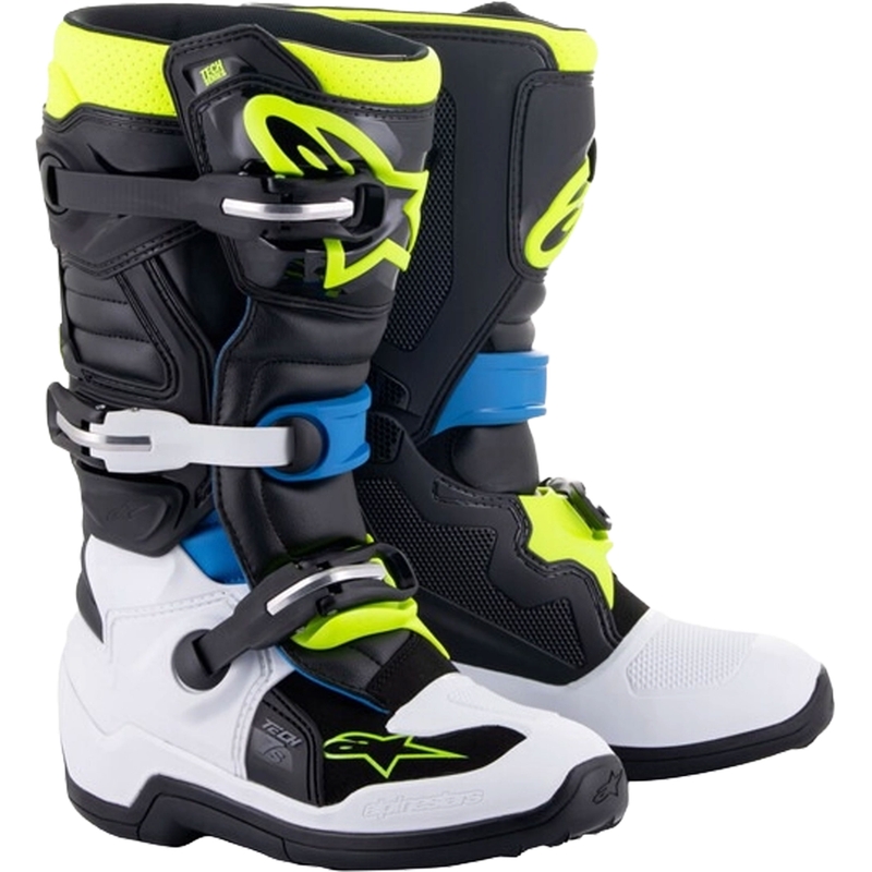 Alpinestars Tech 7 S mustat, valkoiset, keltaiset ja siniset moottoripyöräsaappaat lapsille.