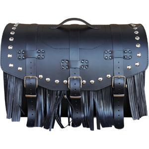 Nahkainen moottoripyörälaukku lukolla, niiteillä ja hapsuilla RSA K451 musta