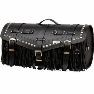 Nahkainen moottoripyörälaukku lukolla, niiteillä ja hapsuilla RSA K183 musta