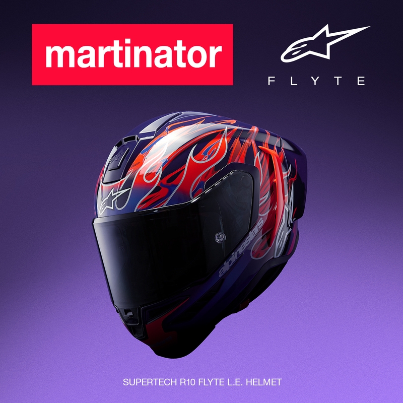 Alpinestars Supertech R-10 Flyte -moottoripyöräkypärä, rajoitettu erä, Jorge Martin, violetti-punainen