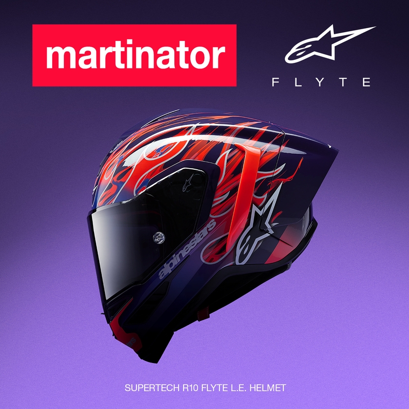 Alpinestars Supertech R-10 Flyte -moottoripyöräkypärä, rajoitettu erä, Jorge Martin, violetti-punainen
