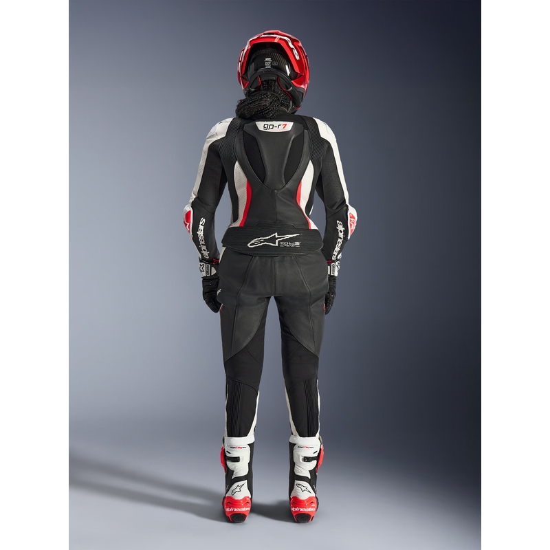 Naisten kaksiosainen nahkainen moottoripyörähaalari Alpinestars Stella GP-R7 musta-valko-fluopunainen