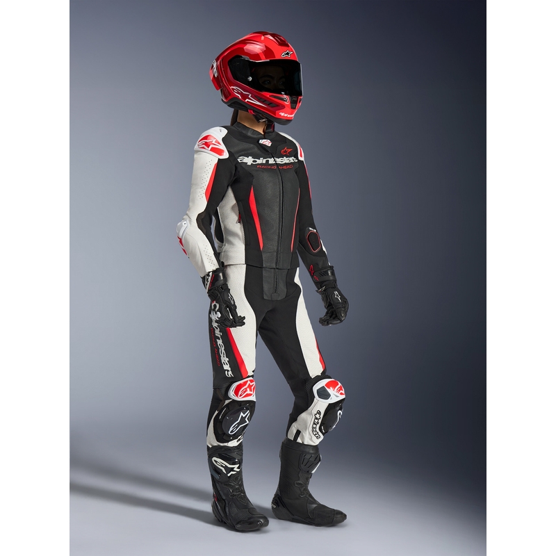 Naisten kaksiosainen nahkainen moottoripyörähaalari Alpinestars Stella GP-R7 musta-valko-fluopunainen