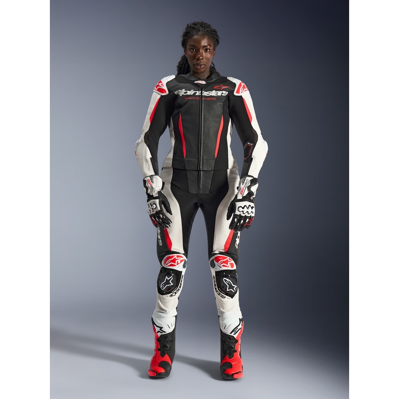 Naisten kaksiosainen nahkainen moottoripyörähaalari Alpinestars Stella GP-R7 musta-valko-fluopunainen