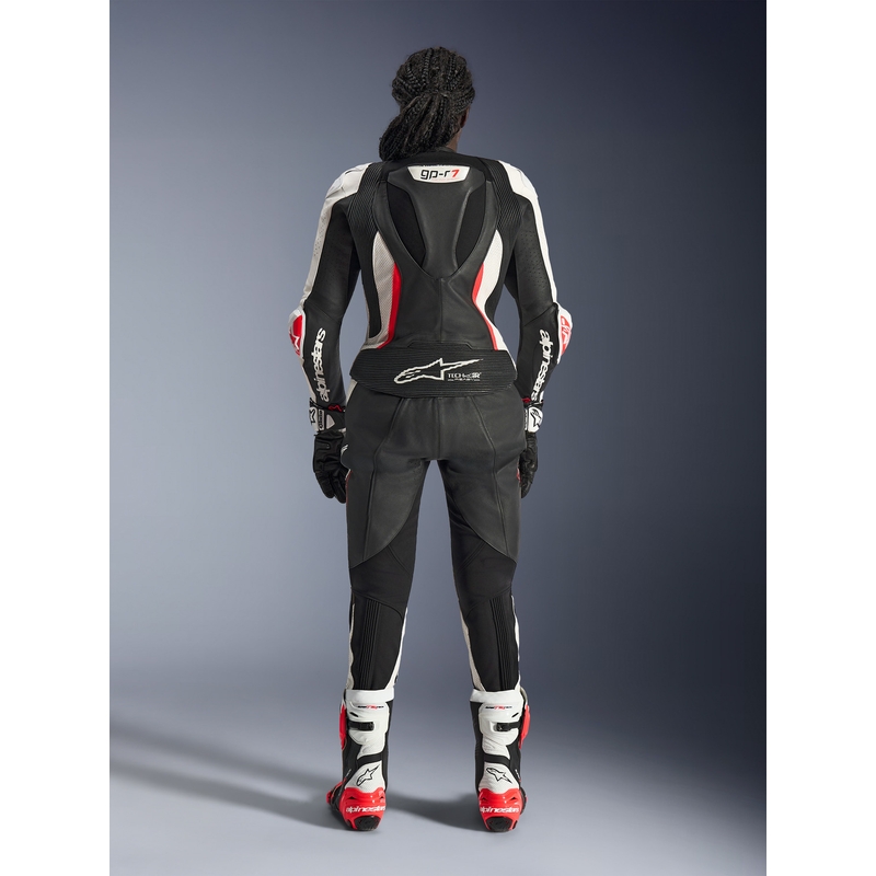 Naisten kaksiosainen nahkainen moottoripyörähaalari Alpinestars Stella GP-R7 musta-valko-fluopunainen