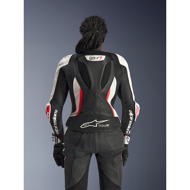 Naisten kaksiosainen nahkainen moottoripyörähaalari Alpinestars Stella GP-R7 musta-valko-fluopunainen