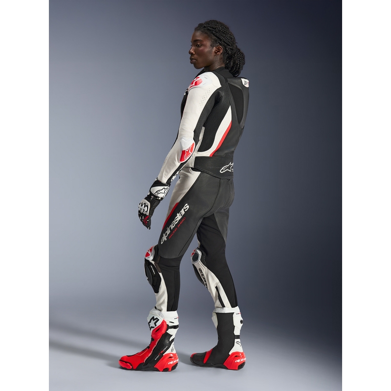 Naisten kaksiosainen nahkainen moottoripyörähaalari Alpinestars Stella GP-R7 musta-valko-fluopunainen