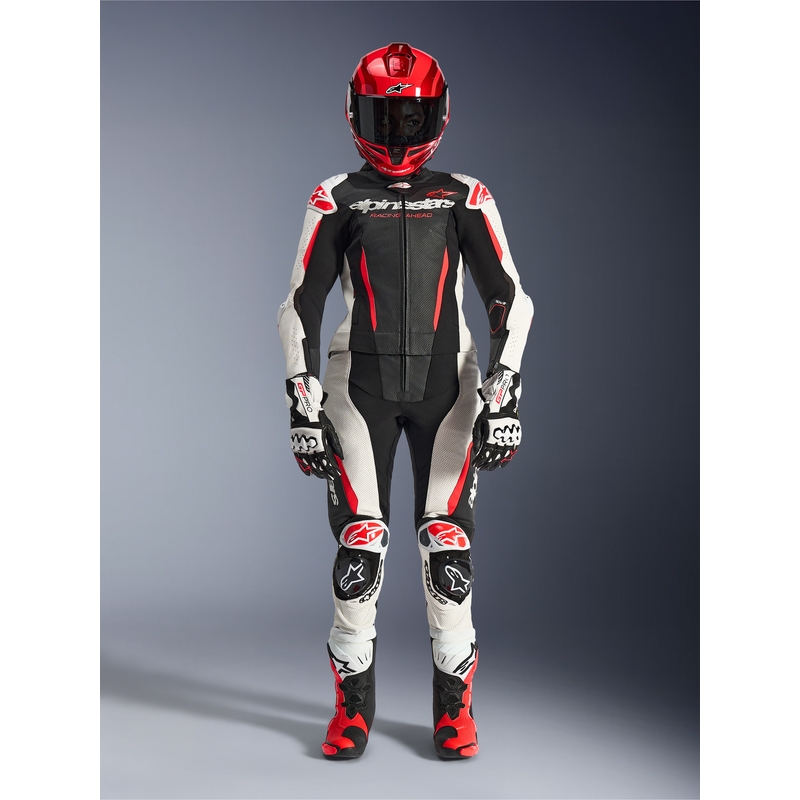 Naisten kaksiosainen nahkainen moottoripyörähaalari Alpinestars Stella GP-R7 musta-valko-fluopunainen