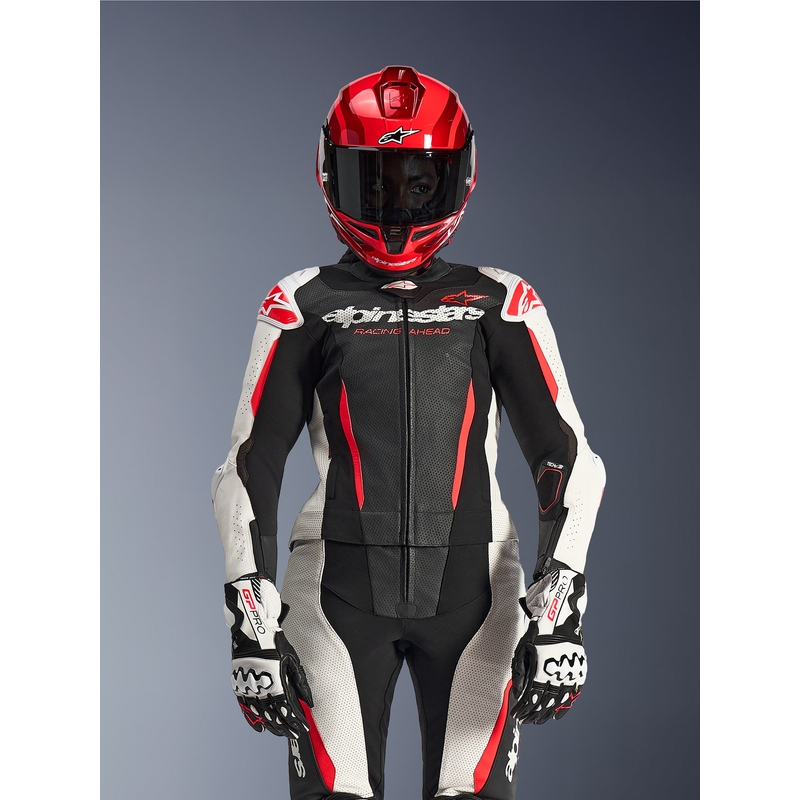 Naisten kaksiosainen nahkainen moottoripyörähaalari Alpinestars Stella GP-R7 musta-valko-fluopunainen
