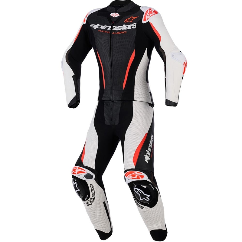 Naisten kaksiosainen nahkainen moottoripyörähaalari Alpinestars Stella GP-R7 musta-valko-fluopunainen