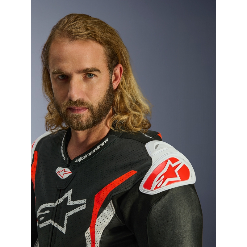 Alpinestars GP TECH V5 nahkainen yksiosainen moottoripyöräpuku musta-valko-fluopunainen