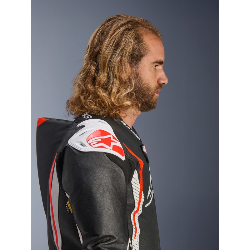 Alpinestars GP TECH V5 nahkainen yksiosainen moottoripyöräpuku musta-valko-fluopunainen